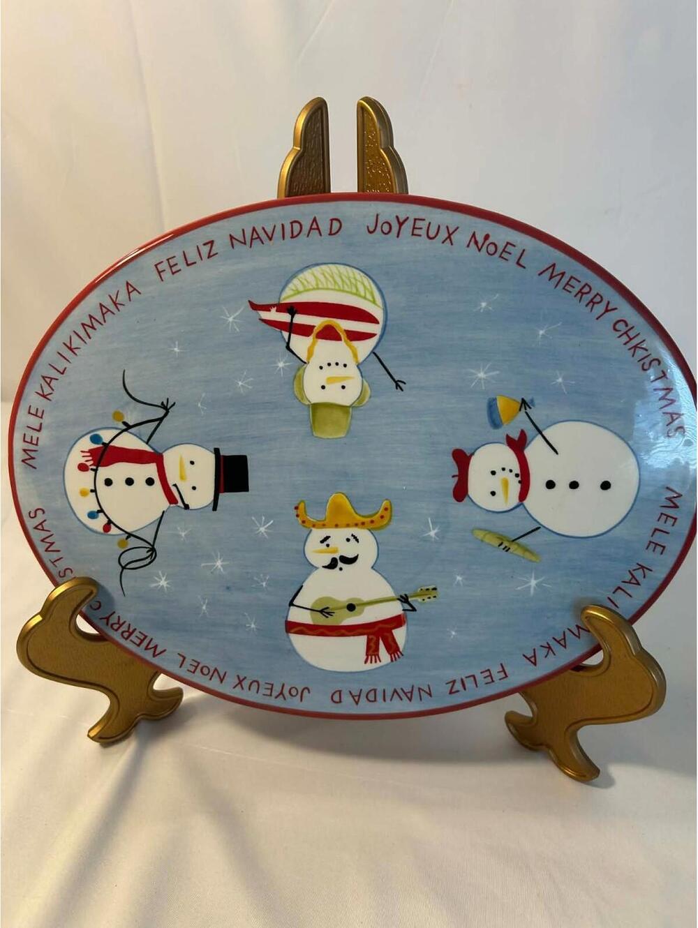 Christmas Multilingual Snowman Serving Platter Oval Holiday Plate Ceramic
